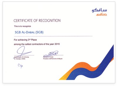 SAFCO (SABIC) – Certificate of Recognition – 3rd place among the safest contractors