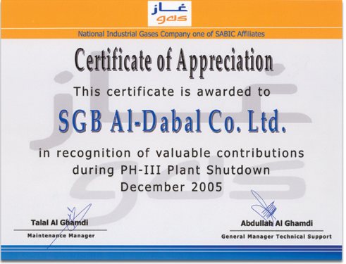National Industrial Gases (Gas) – Certificate of Appreciation – PH-III Plant Shutdown