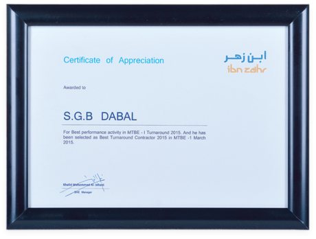 Ibn Zahr (SABIC) – Certificate of Appreciation – Best Turnaround Contractor, MTBE